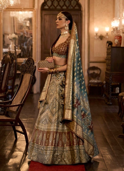 Brown Silk Bridal Lehenga Choli with Mirror Work