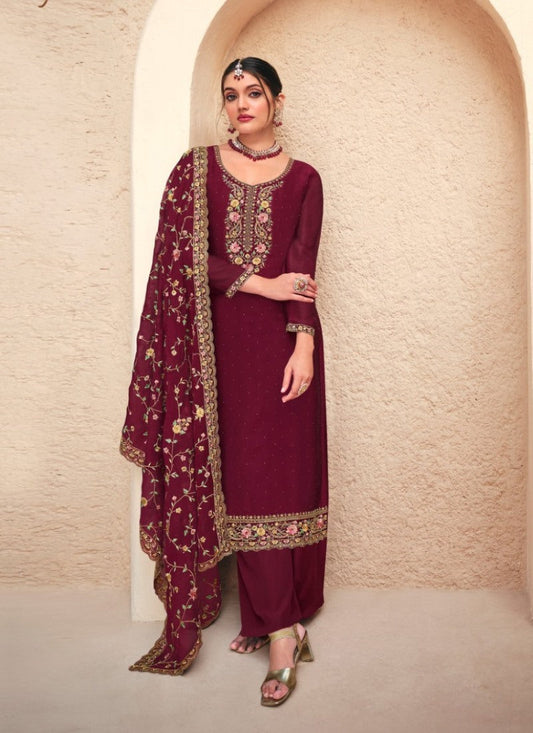Maroon Georgette Palazzo Salwar Suit With Embroidery Work