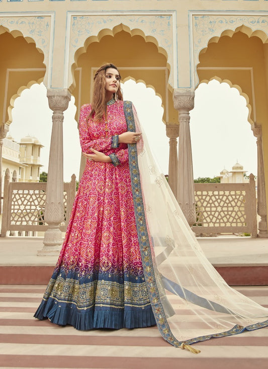Pink Anarkali Gown with Pure Print and Handwork