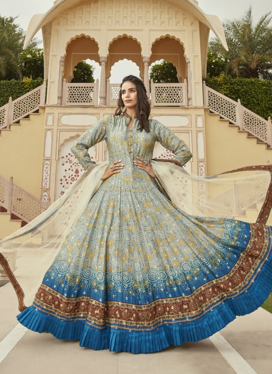 Sky Blue Anarkali Gown with Pure Print and Handwork
