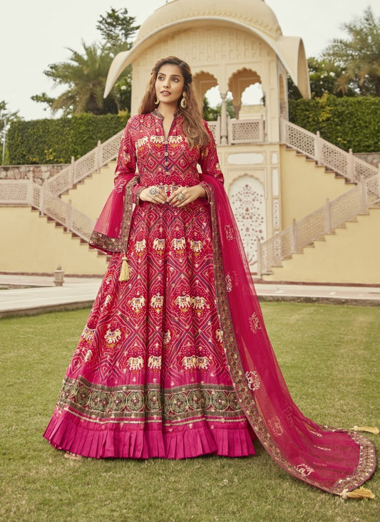 Red Anarkali Gown with Pure Print and Handwork