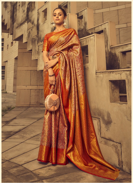Orange Silk Saree With Handloom Work