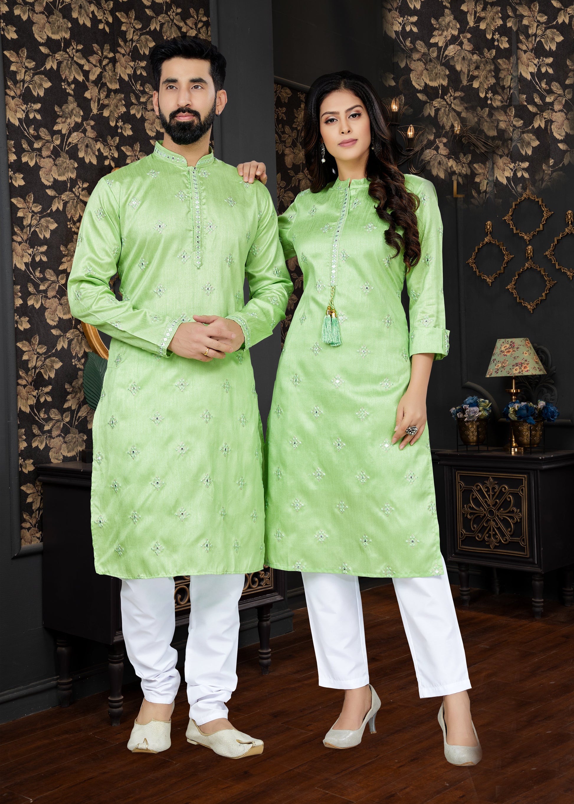 Pista Green Silk Kurta Pajama and Kurti Combo With Embroidery and Sequins Work