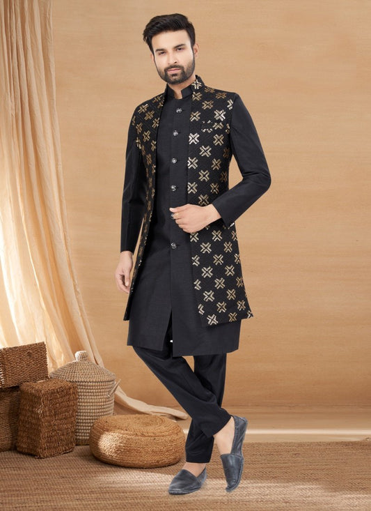 Black Jequard Jacket Style Sherwani