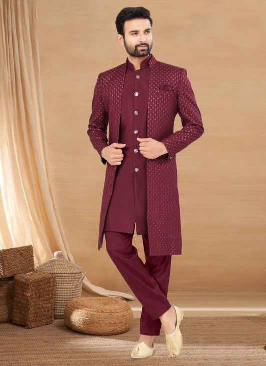 Maroon Art Silk Jacket Style Sherwani
