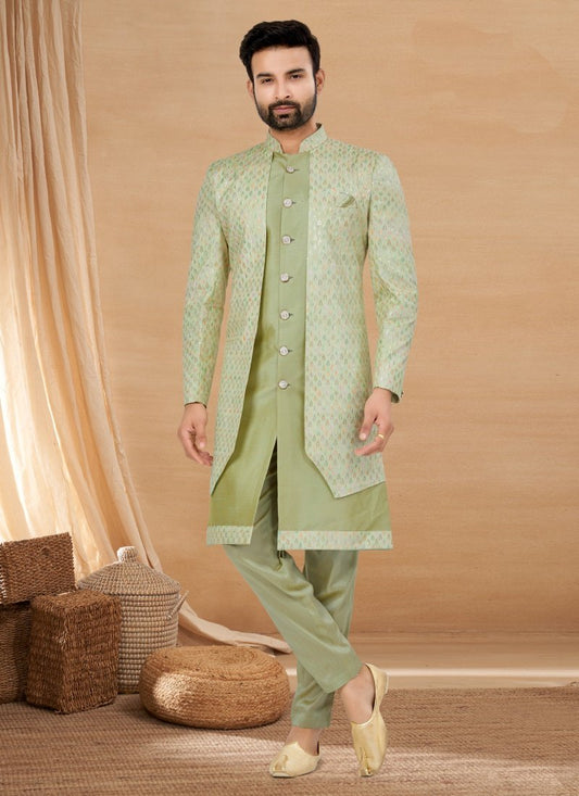 Pista Green Viscose Jacket Style Sherwani