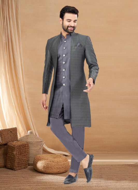 Blue Jequard Jacket Style Sherwani