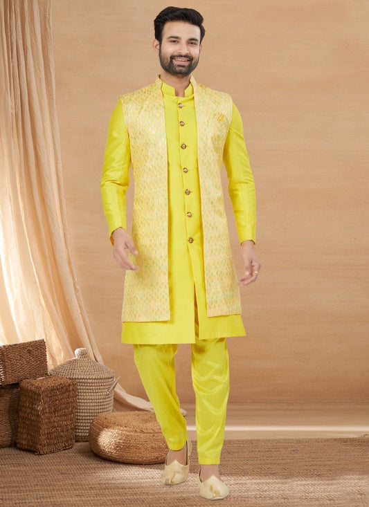 Yellow Viscose Jacket Style Sherwani