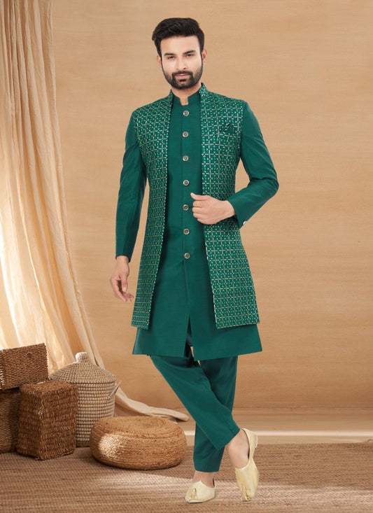 Green Art Silk Jacket Style Sherwani