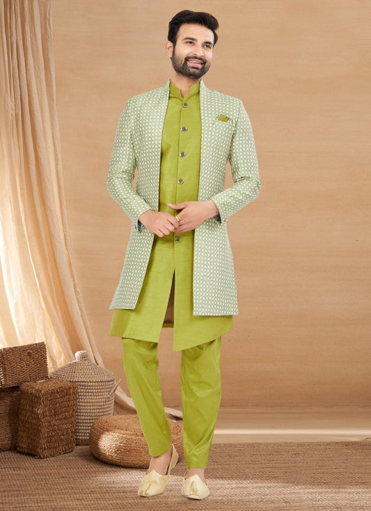 Pista Green Jequard Jacket Style Sherwani