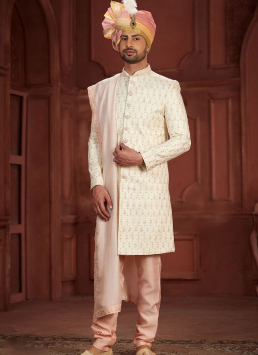 Cream Silk Wedding Sherwani With Embroidered Thread, Sequence and Heavy Handwork Work