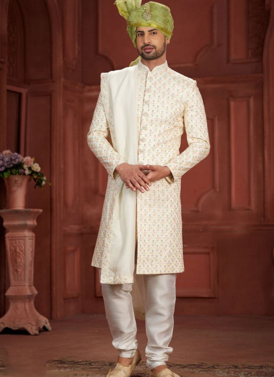 Off White Silk Wedding Sherwani With Embroidered Thread, Sequence and Heavy Handwork Work