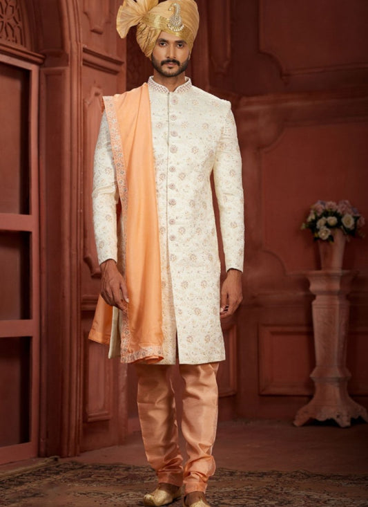 Off White Silk Wedding Sherwani With Embroidered Thread, Sequence and Heavy Handwork Work