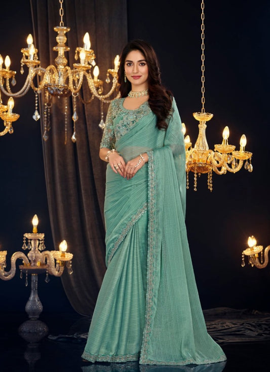 Sea Green Georgette Designer Saree with Embroidery Work