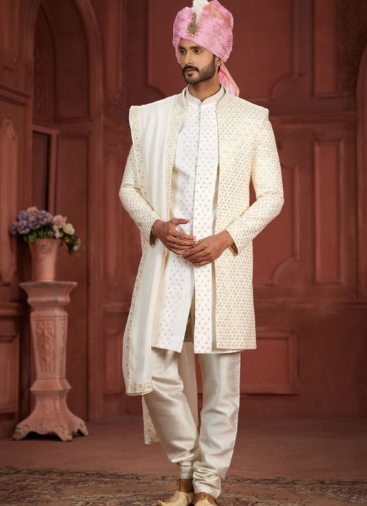 White Silk Wedding Sherwani With Embroidered Thread, Sequence and Heavy Handwork Work