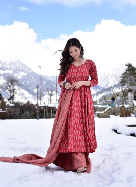 Red Pure Muslin Wide Palazzo Salwar Suit
