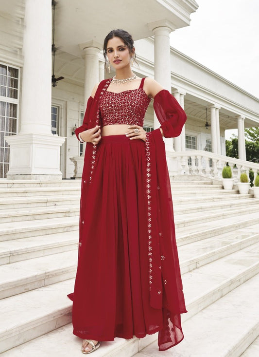 Red Georgette Crop Top Lehenga Choli With Embroidery Work