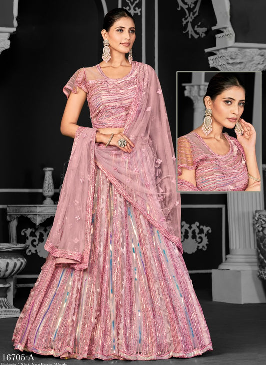 Pink Net Party Wear Lehenga Choli With Sequin and Embroidery Work