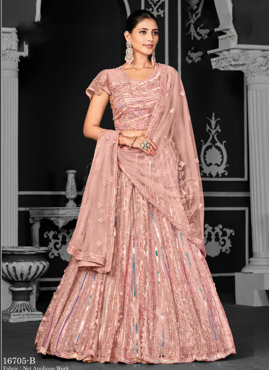 Peach Net Party Wear Lehenga Choli With Sequin and Embroidery Work