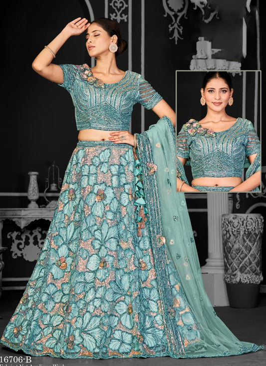 Aqua Blue Net Party Wear Lehenga Choli With Sequin and Embroidery Work