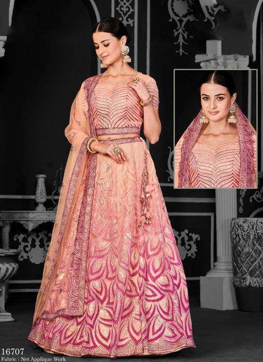Pink Net Party Wear Lehenga Choli With Sequin and Embroidery Work