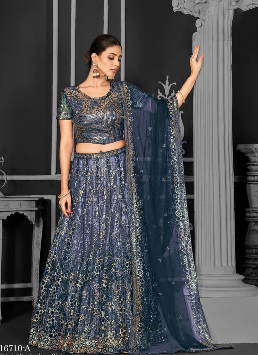 Navy Blue Net Party Wear Lehenga Choli With Sequin and Embroidery Work