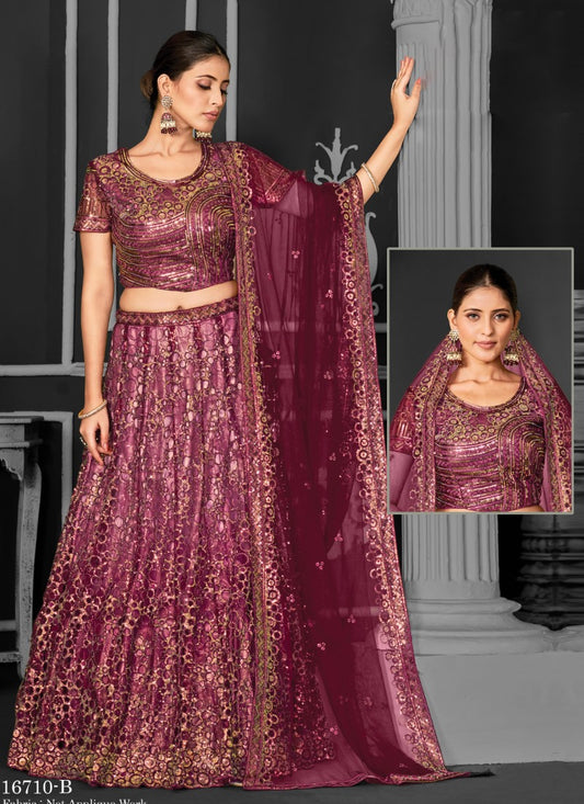 Red Net Party Wear Lehenga Choli With Sequin and Embroidery Work