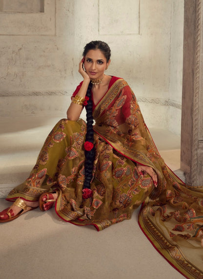 Olive Green Organza Saree With Piping Work