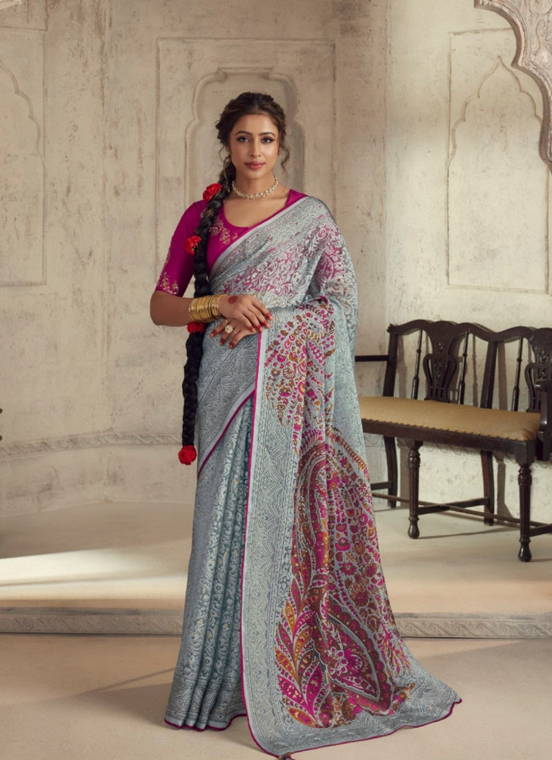 Sky Blue Organza Saree With Piping Work