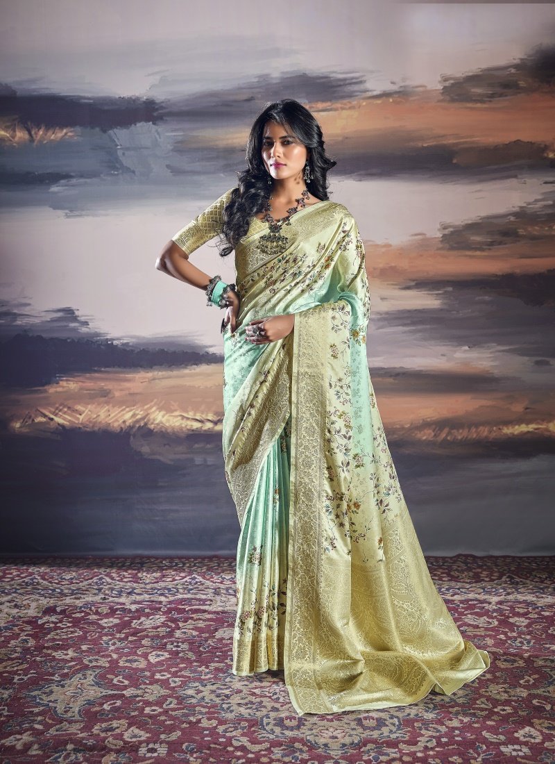 Sea Green Satin Silk Embroidered Saree