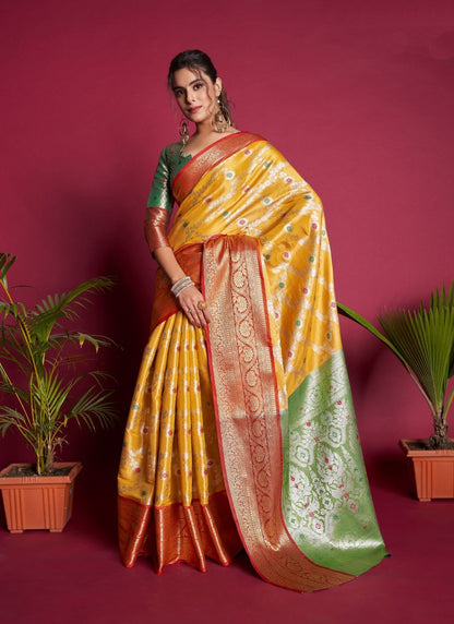 Yellow Kanjivaram Silk Saree With Contrast Border