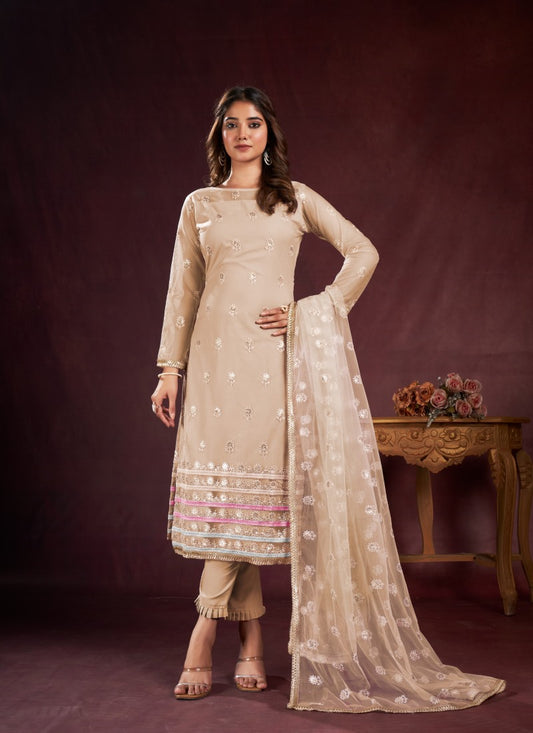 Beige Pant Style Salwar Suit with Thread and Sequins Work