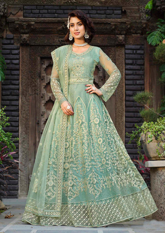 Aqua Green Net Abaya Suit with Embroidery and Stone Work