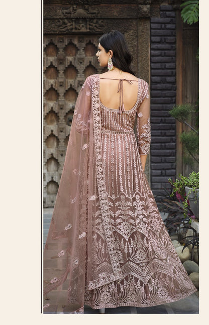 Pink Net Abaya Suit with Embroidery and Stone Work