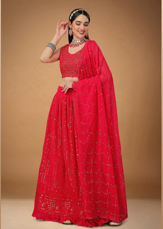 Red Georgette Party Wear Lehenga Choli With Sequins and Zari Work