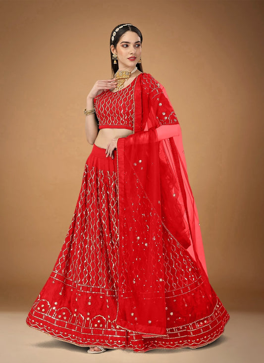 Red Georgette Embroidered Lehenga Choli with Sequins and Zari Work