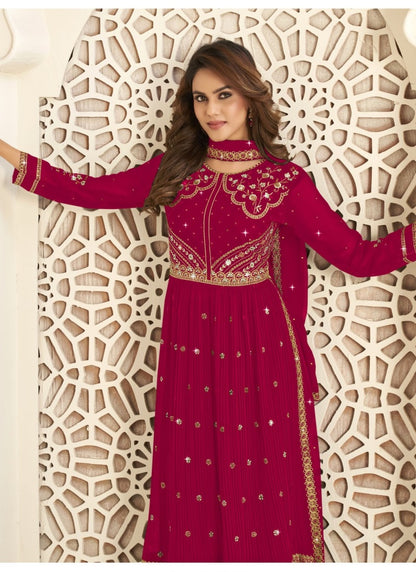 Magenta Georgette Palazzo Suit With Embroidery Work