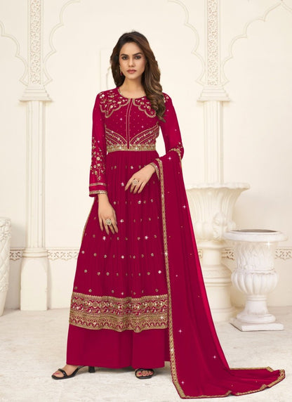 Magenta Georgette Palazzo Suit With Embroidery Work
