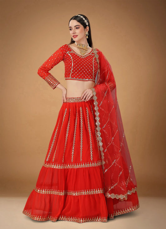 Red Georgette Embroidered Lehenga Choli with Sequins and Zari Work