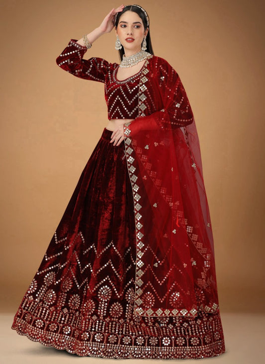 Red Velvet Bridal Lehenga Choli With Heavy Embroidery, Sequins and Zari Work