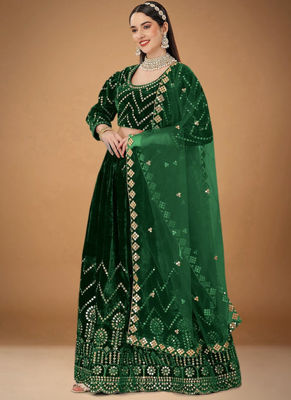 Green Velvet Bridal Lehenga Choli With Heavy Embroidery, Sequins and Zari Work
