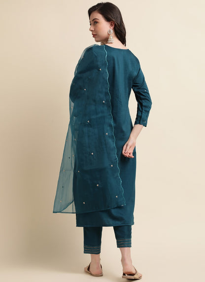 Teal Blue Silk Pant Style Salwar Suit