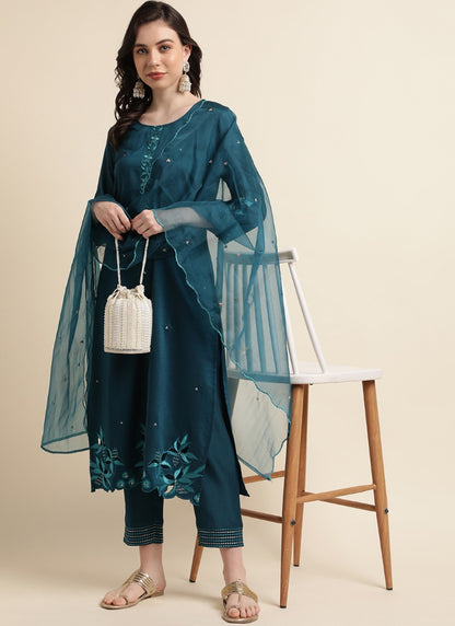 Teal Blue Silk Pant Style Salwar Suit