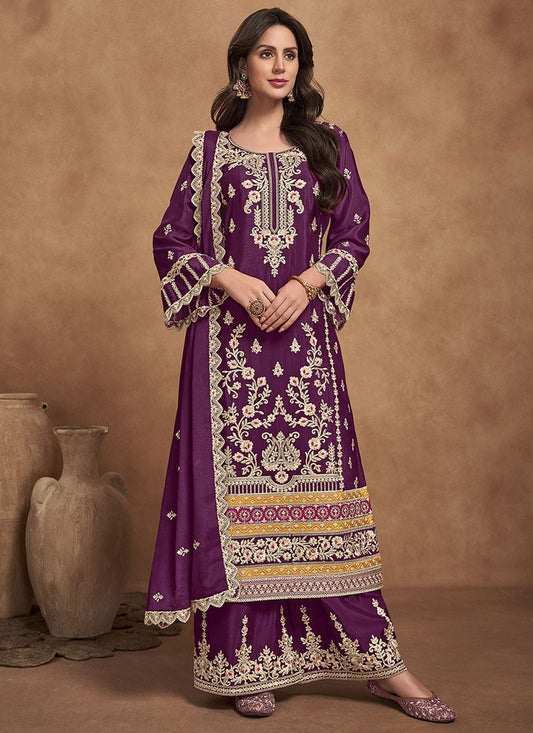 Purple Wide Palazzo Salwar Kameez Suit With Heavy Embroidery Work