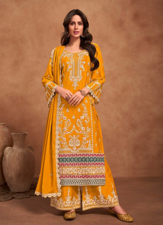 Yellow Wide Palazzo Salwar Kameez Suit With Heavy Embroidery Work