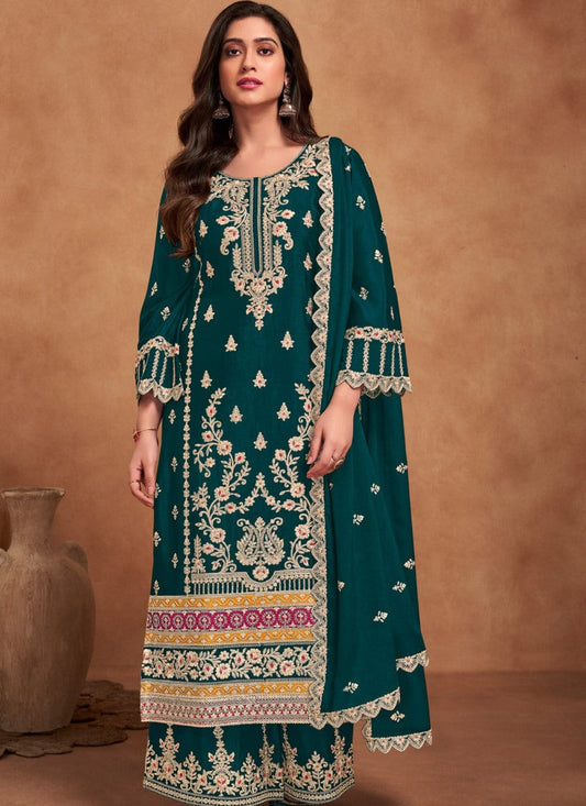 Green Wide Palazzo Salwar Kameez Suit With Heavy Embroidery Work