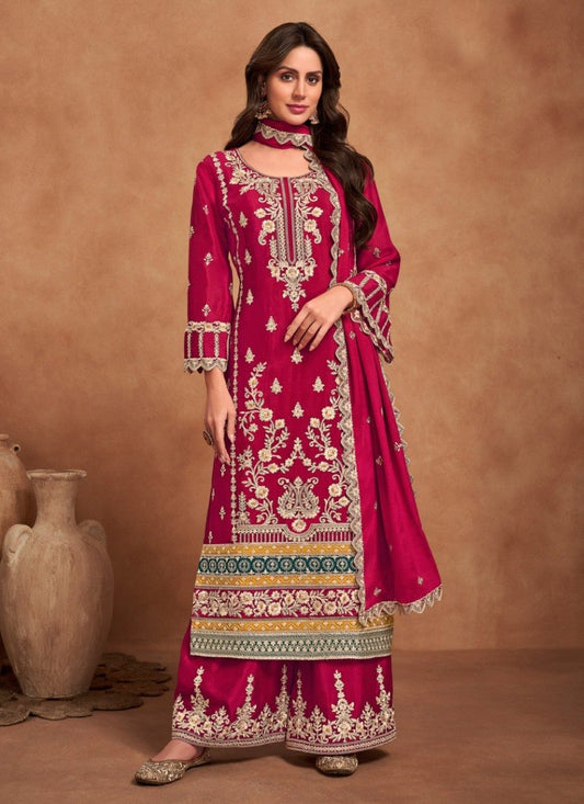 Red Wide Palazzo Salwar Kameez Suit With Heavy Embroidery Work