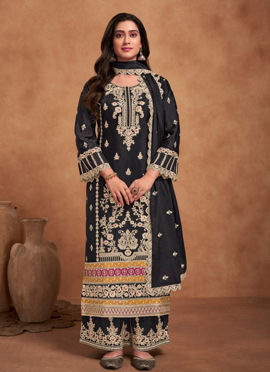 Black Wide Palazzo Salwar Kameez Suit With Heavy Embroidery Work