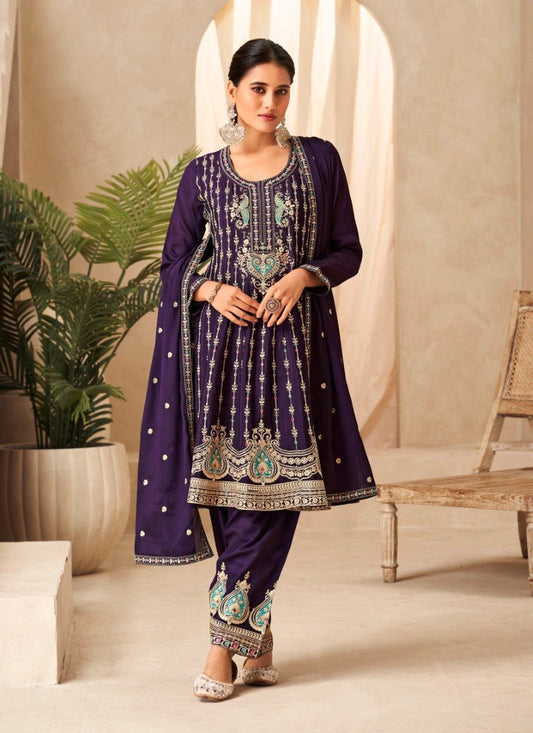 Purple Palazzo Salwar Suit With Heavy Embroidery Work