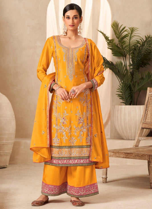 Yellow Palazzo Salwar Suit With Heavy Embroidery Work